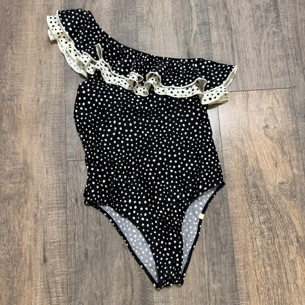 summersalt Black and White Polka Dot One-Shoulder Ruffle Swimsuit